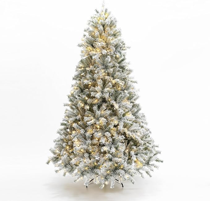 LuxenHome 7.5FT Christmas Tree with Lights, Flocked Artificial Christmas Tree with 8 Lighting Functions, 1516 PVC Tips, 700 Warm White Lights, Prelit Xmas Trees for Indoor and Outdoor Holiday Decor