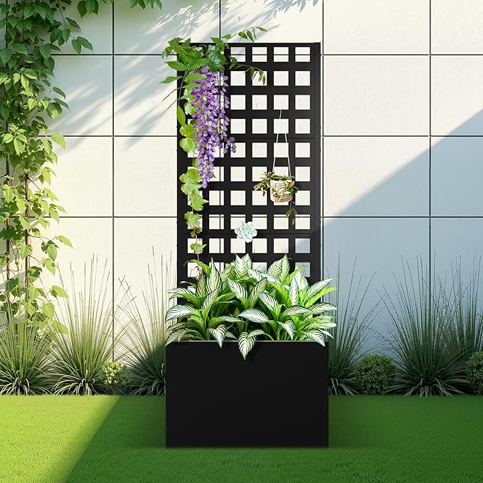 Metal Raised Garden Bed with Trellis, 2 in 1 Trellis with Planter Box & Privacy Screen for Climbing Plants, Vine, Outdoor Standing Flower Beds with Drainage Holes, 23.6"L x 11.8"W x 63"H, Black
