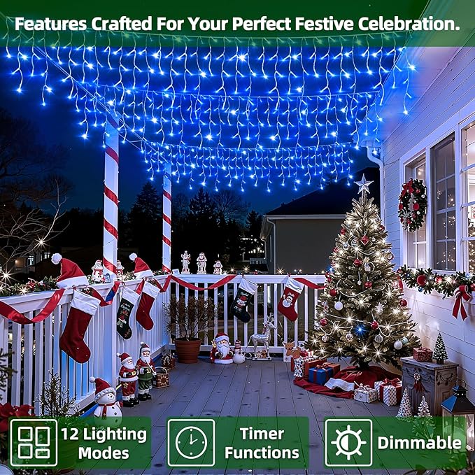 504 LED Christmas Lights with 112 Drops, 50ft 12 Modes Blue Fairy String Lights with Timer Dimmable, Waterproof Twinkle Lights for Indoor Outdoor Holiday Wedding Party Eaves Yard Yard Christmas Decor