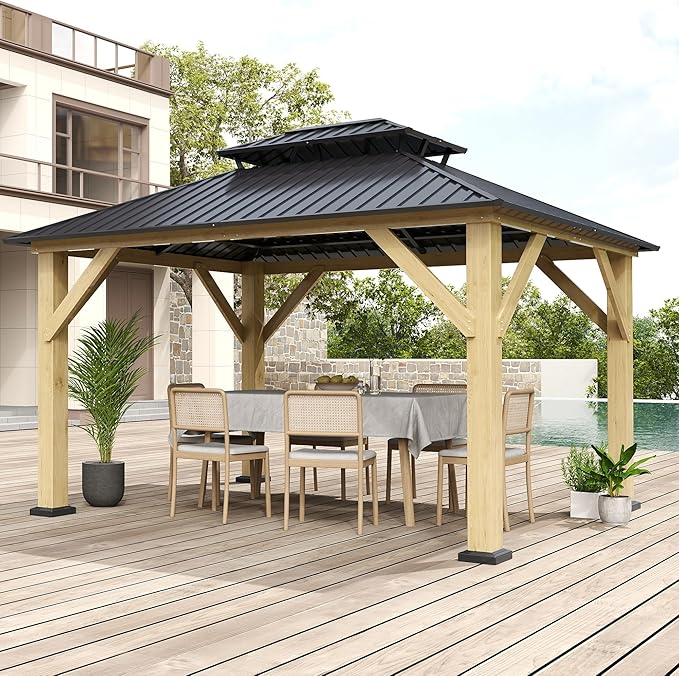 10'x12' Wood Gazebo, Outdoor Solid Wooden Gazebo with Double Roof Galvanized Steel Top, Hardtop Cedar Frame for Garden, Patio, Deck, Backyard