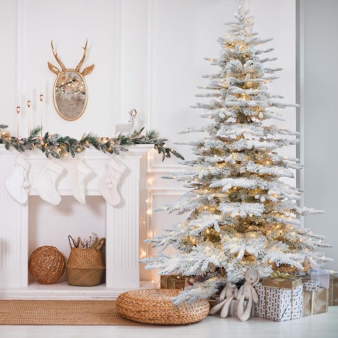 Fraser Hill Farm 10-Ft. Pine Valley Flocked Artificial Christmas Tree with White Incandescent Smart Lights and Stand, Prelit Foldable Fake Tree with Realistic Snowy Foliage for Home Decoration