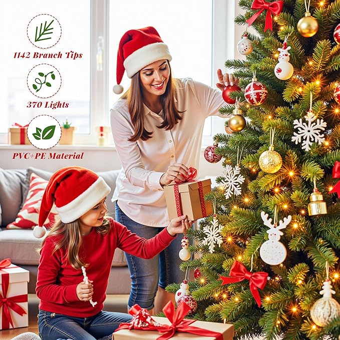 Pencil Christmas Tree with Rotating Metal Stand, Green Slim Pre-Lit Artificial Tree 7.5FT with Music Function, 370 Warm & Multi-Color LED Lights with 8 Lighting Modes
