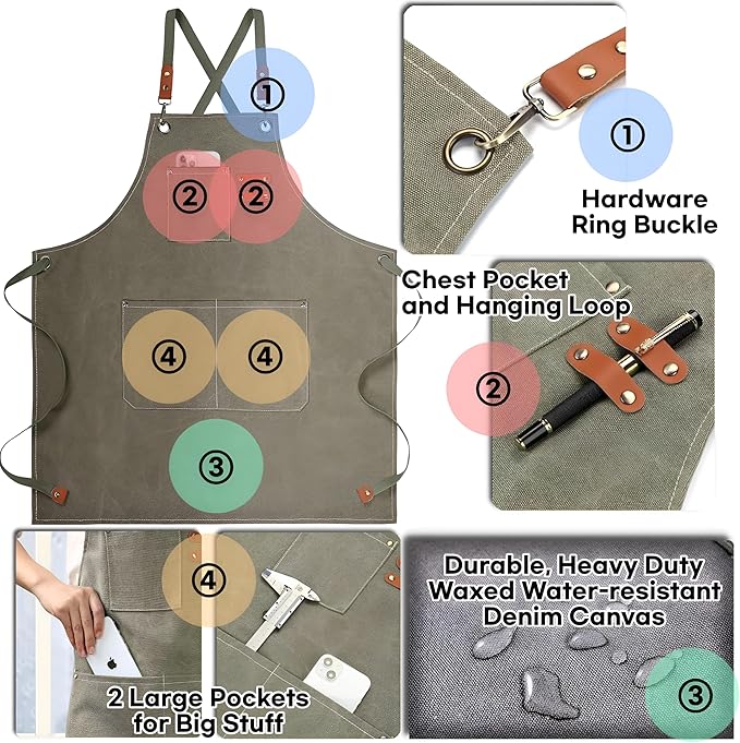 Heavy-Duty Canvas Tool Apron – Adjustable Cross-Back Work Apron with Pockets for Woodworking, Gardening & Crafts