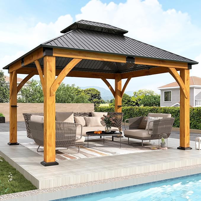 11'x13' Wood Gazebo, Spruce Wood Hardtop Gazebo with 2 Storage Shelves, Double Galvanized Steel Roof Outdoor Wooden Pavilion for Deck, Garden, Backyard