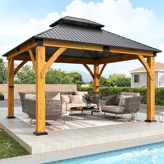 11'x13' Wood Gazebo, Spruce Wood Hardtop Gazebo with 2 Storage Shelves, Double Galvanized Steel Roof Outdoor Wooden Pavilion for Deck, Garden, Backyard