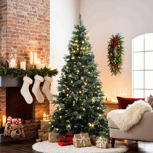 LuxenHome 6.5FT Prelit Christmas Tree with Lights, Slim Artificial Christmas Tree with 300 LED Lights and Pine Cone, 978 PE+PVC Branch Tips, Plug-in Prelit Pine Tree Indoor, Outdoor Holiday Décor