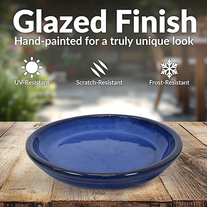 Sunnydaze 7-Inch Ceramic Plant Saucers - Plant Drip Trays for Outdoor Planter Flower Pot Drainage - Set of 2 - Imperial Blue