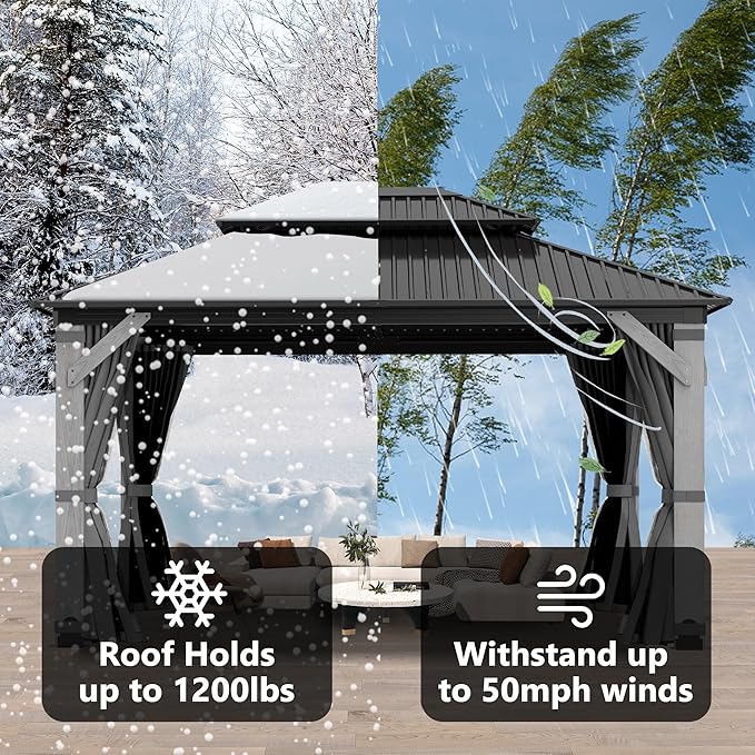 12x16FT Hardtop Wood Gazebo, Outdoor Gazebo with Cedar Wooden Pillar & Double Metal Roof - Weather-Resistant Gazebos Pavilion for Patio, Garden, Backyard (w/Netting & Gray Curtains)