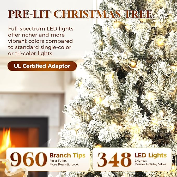 HOLLO STAR 7.5 ft Flocked Prelit Christmas Tree with 348 LED Lights, App Control, Skinny Artificial Pencil Christmas Tree, Multi-Color RGBW Lights, 960 Branch Tips, for Small Space, Home, Party