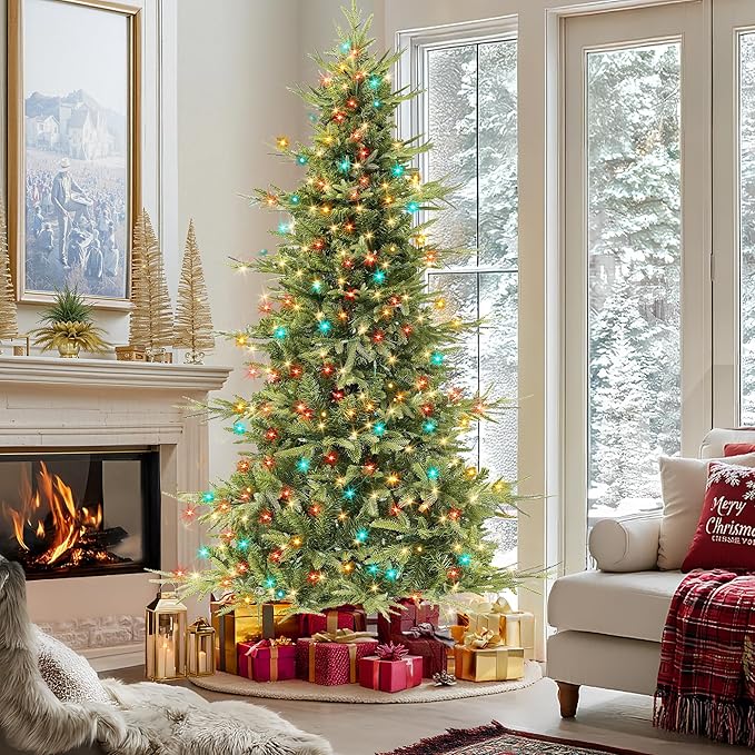 HOLLO STAR 7.5 ft Prelit Pencil Christmas Tree with 400 LED Lights, App Control, Aspen Artificial Christmas Tree, Multi-Color RGBW Lights, 1639 PE & PVC Branch Tips, Skinny Xmas Tree, for Home, Party