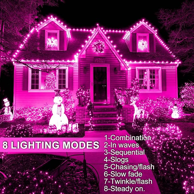 weillsnow Pink Christmas Lights Outdoor, 164 FT 500 LED String Lights Plug in, 8 Modes Waterproof Fairy Lights for Valentines Day, Christmas, Party, Wedding, Bedroom, Garden Decorations
