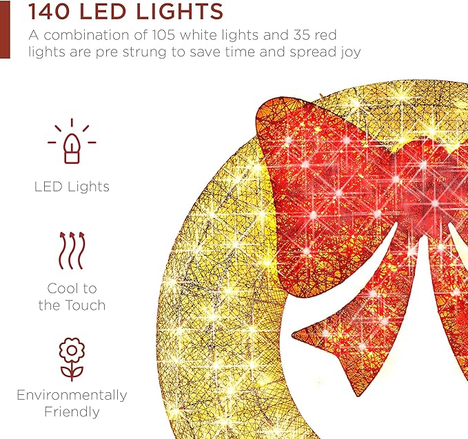 Best Choice Products 48in Pre-Lit Outdoor Christmas Wreath Decoration, LED Metal Holiday Decor for Home w/ 140 Lights, Bow - Gold/Red