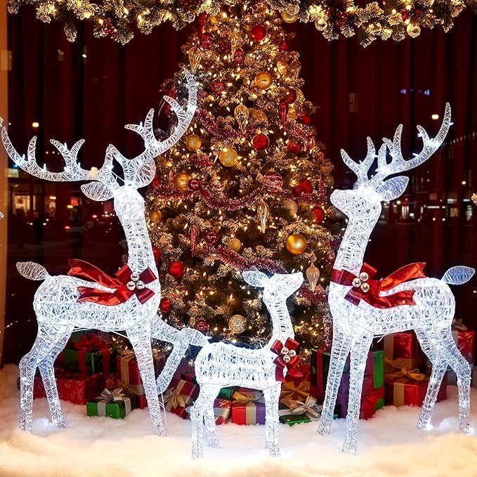 Tangkula 3-Piece Christmas Lighted Iridescent Reindeer Family Set, Pre-lit Xmas Deer Family with 215 Cold White LED Lights, Ground Stakes, Lighted Holiday Decoration for Indoor, Outdoor