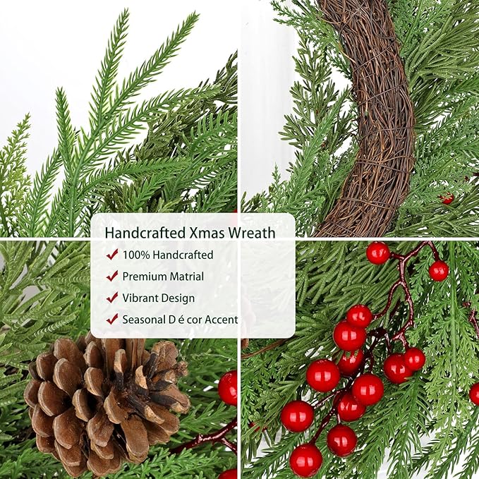 23 inch Norfolk Pine Wreath, Christmas Wreath for Front Door Christmas Door Wreaths with Red Berries Pine Cones Cedar Leaves Artificial Wreaths for Xmas Indoor Outdoor Decorations