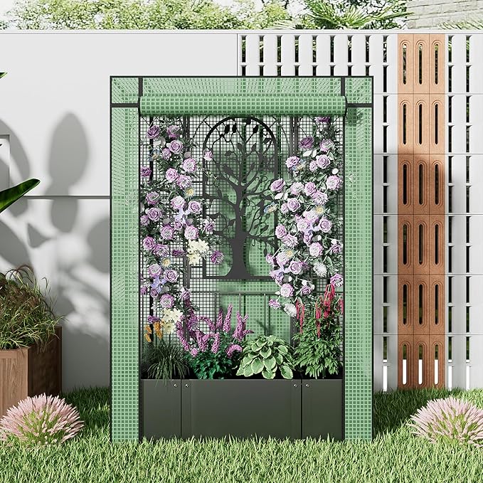 Metal Planter Box with Trellis and Cover, Raised Garden Bed with Trellis Privacy Screen, 62 inch Tall Planter Boxes for Climbing Plants, Flowers, Vegetables, Fruits, Balcony and Patio Decor (Black)
