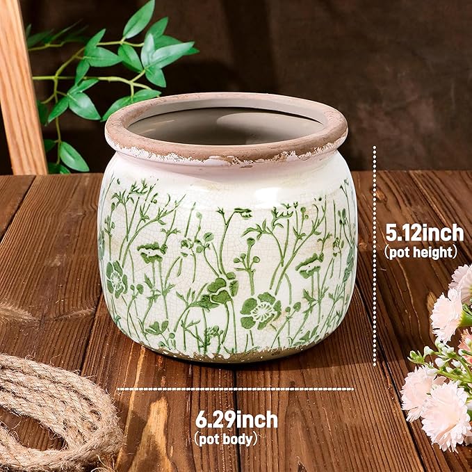 Vintage Ceramic Ice Crack Flower Pot with Drainage Holes, Country Rustic Planters for Indoor and Outdoor,Tuscan Decor,Home,Living Room, Garden Decor, Gardening Gift (Asian)