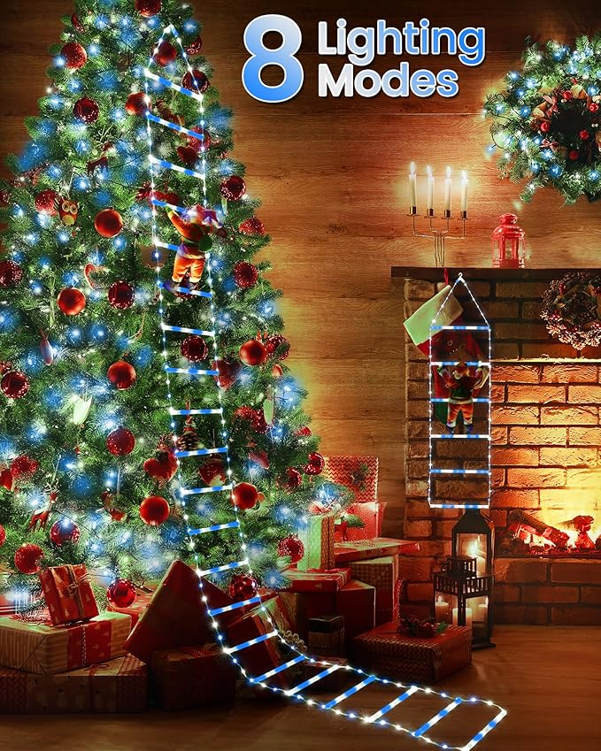 Toodour LED Christmas Lights - 10ft Christmas Decorative Ladder Lights with Santa Claus, Xmas Decorations Light for Indoor Outdoor, Window, Garden, Home, Wall, Xmas Tree Decor - White & Blue