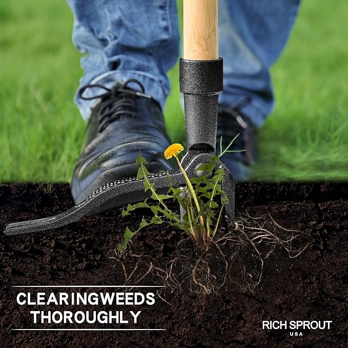 Stand Up Weed Puller Tool, Heavy Duty Weed Remover Tool with Long Handle, 3-Section Real Bamboo Construction - 4 Claw Steel Head Weeder Tool, Eco-Friendly Handle, No More Bendin