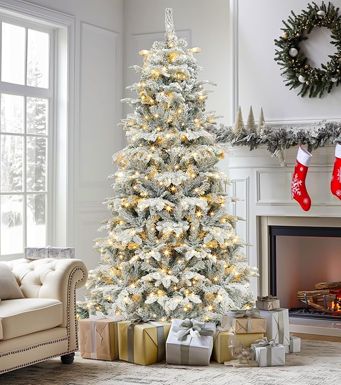 DWVO 6.5 FT Pre-Lit Snow Flocked Christmas Tree, Layered Artificial Xmas Tree with 760 PE & PVC Branch Tips and 350 Multi-Mode Lights for Home, Office, and Party Decor with Remote Control