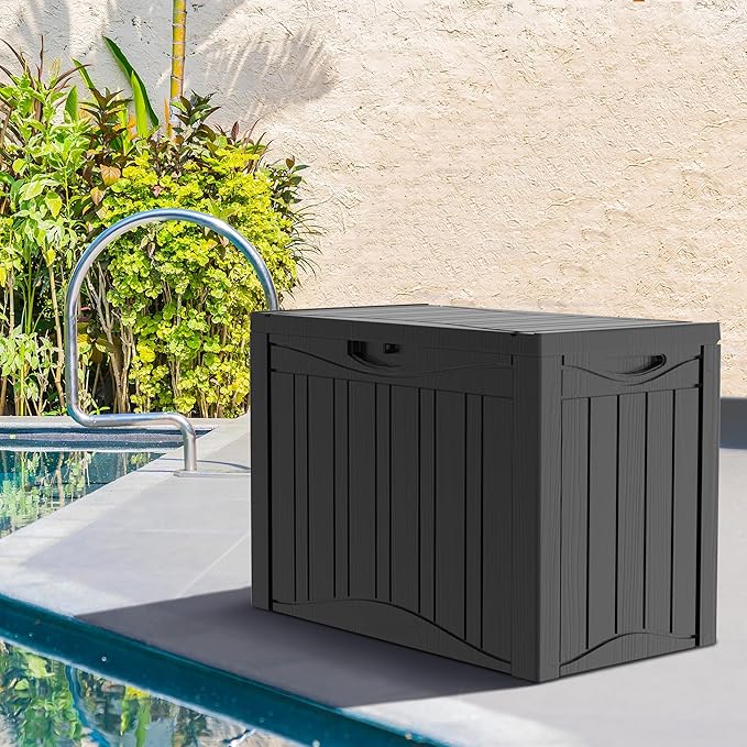 45 Gallon Deck Box, Resin Outdoor Indoor Waterproof Storage Box, Lockable Storage Box With Handle for Patio Furniture - Garden Tools - Swimming Pool Tools UV-Resistant, Black