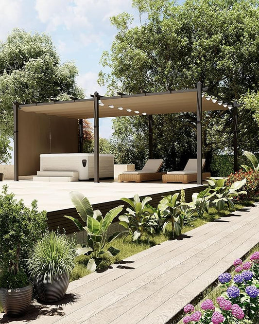 Garvee 12x20 Ft Aluminum Pergola Oversize Outdoor Metal Gazebo with Retractable Canopy Outdoor Shelter for Modern Backyard Deck Porch Grape Trellis(Khaki)