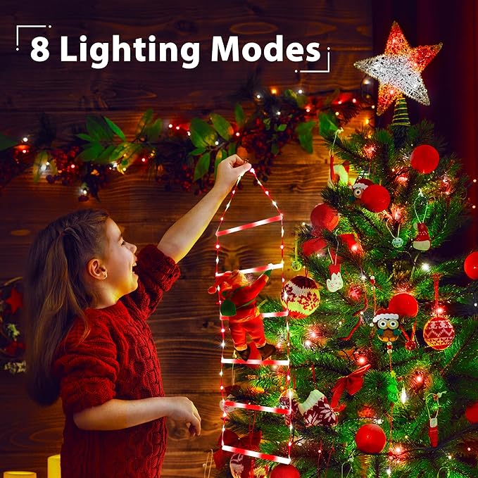 Toodour LED Christmas Light - 2.5FT Christmas Decorative Ladder Lights with Santa Claus, Xmas Decorations Light for Indoor Outdoor, Window, Garden, Home, Wall, Xmas Tree Decor - White & Red