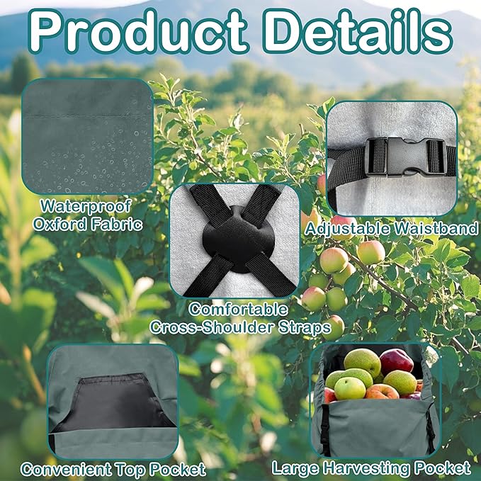 Gardening Aprons, Unisex Garden Aprons, Garden Picking Bag with Quick Release Pockets (Gray/Teal)