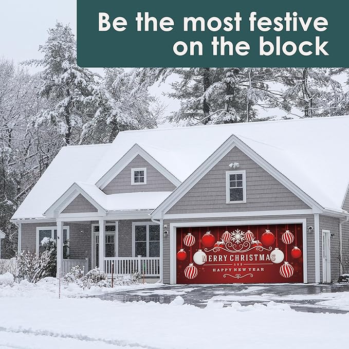 7' x 16' Timeless Red and White Ornaments Christmas Garage Door Banner - Designed to Move with Door | Elegant Holiday Double Garage Door Decoration