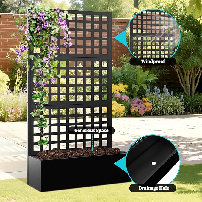 Metal Planter Box with Trellis, Planter Box with Privacy Screen, Privacy Trellis Outdoor for Climbing Plants with Drainage Holes, Raised Garden Bed for Vegetables