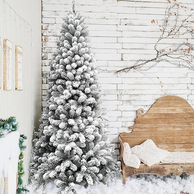 Fraser Hill Farm 12-Ft. Alaskan Pine Flocked Artificial Christmas Tree with Stand, Unlit Foldable Fake Tree with Realistic Snowy Foliage for Home Decoration