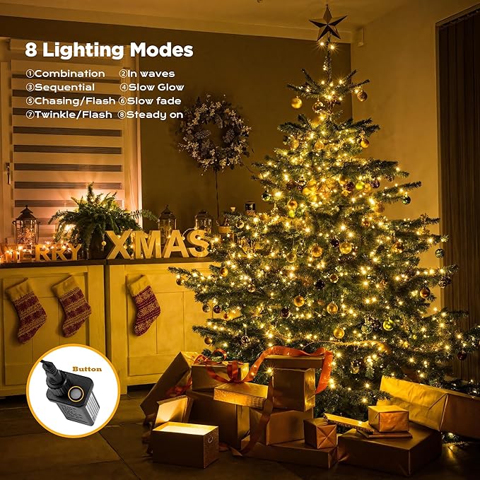 WBao Christmas Lights Indoor Outdoor 300LED 108ft, Super Bright LED Christmas String Lights with UL Certified, 8 Modes, Timer, Connectable & Waterproof for Trees, Patio, Xmas Party Decor, Warm White