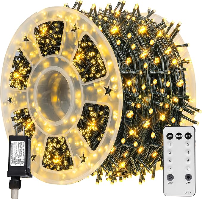 TW SHINE Christmas Lights, 600 LED 196FT Christmas String Lights Plug-in with 8 Modes Timer and Remote, Waterproof Outdoor Decorations for Bedroom Wedding Party Yard Tree Decor, Warm White