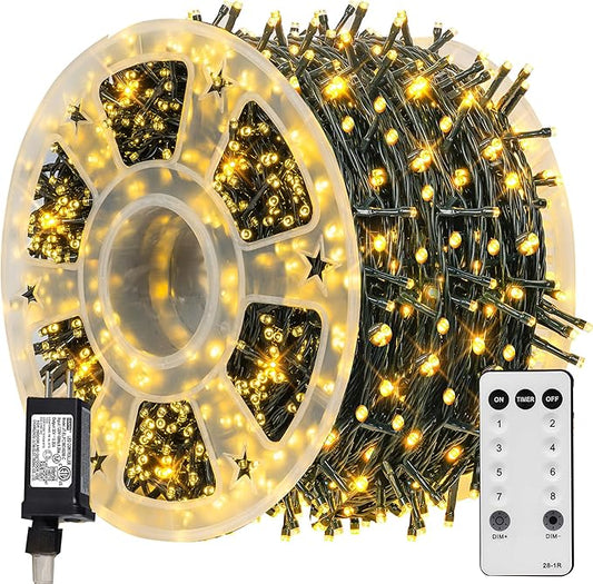 TW SHINE Christmas Lights, 600 LED 196FT Christmas String Lights Plug-in with 8 Modes Timer and Remote, Waterproof Outdoor Decorations for Bedroom Wedding Party Yard Tree Decor, Warm White