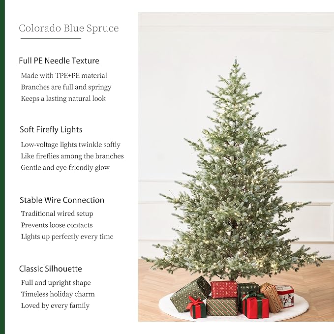 Colorado Blue Spruce 7.5ft Christmas Tree Pre-Lit Artificial Full with 1518 Low-Voltage Warm LED Lights, Foldable Stand & Realistic Flame-Resistant Branches