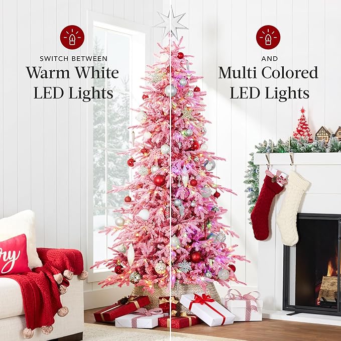 Best Choice Products Lighted Aspen Christmas Tree, 4.5ft Flocked Artifical Noble Fir, Pre-Lit White & Multicolored LED Lights Premium Holiday Décor - Pink