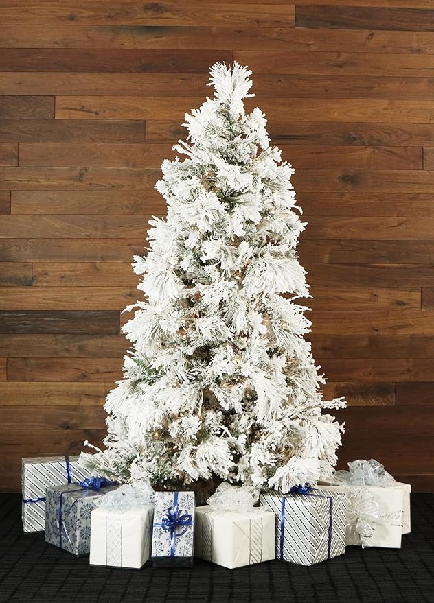 Fraser Hill Farm 12-Ft. Snowy Pine Flocked Artificial Christmas Tree with White Incandescent Smart Lights and Stand, Prelit Foldable Fake Tree with Realistic Foliage for Home Decoration