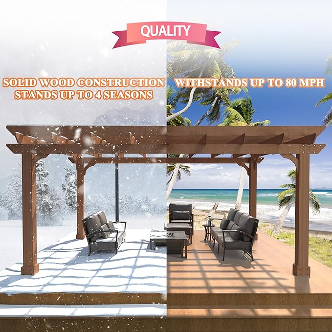 BlueWish 12’ x 14’ Cedar Wood Patio Pergola with Slatted Trellis Roof, Outdoor Pergola Backyard Gazebo with Solid Structure for Deck Yard Grill Party Garden