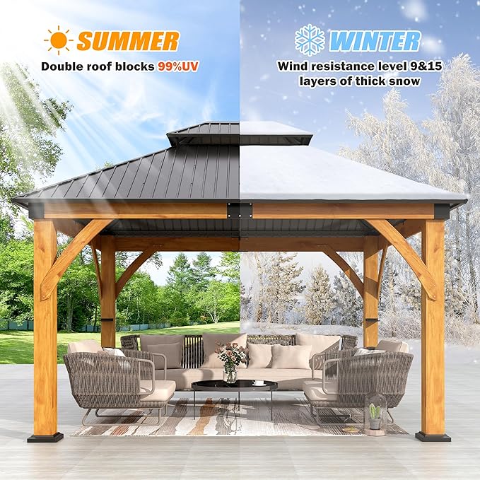11'x13' Wood Gazebo, Spruce Wood Hardtop Gazebo with 2 Storage Shelves, Double Galvanized Steel Roof Outdoor Wooden Pavilion for Deck, Garden, Backyard
