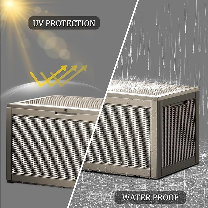 TARKARI 100 Gallon Lockable Resin Deck Box, Waterproof & UV-Resistant Outdoor Storage Box for Outdoor Cushion Storage, Garden Tools & Pool Accessories Storage, Gray