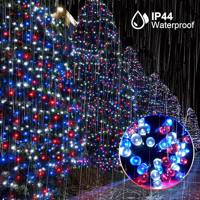 4th of July Patriotic Decoration, 500 LED Red White and Blue Lights with 8 Modes, Outdoor Waterproof String Lights for Fourth of July, Memorial Day, Independence Day Decor