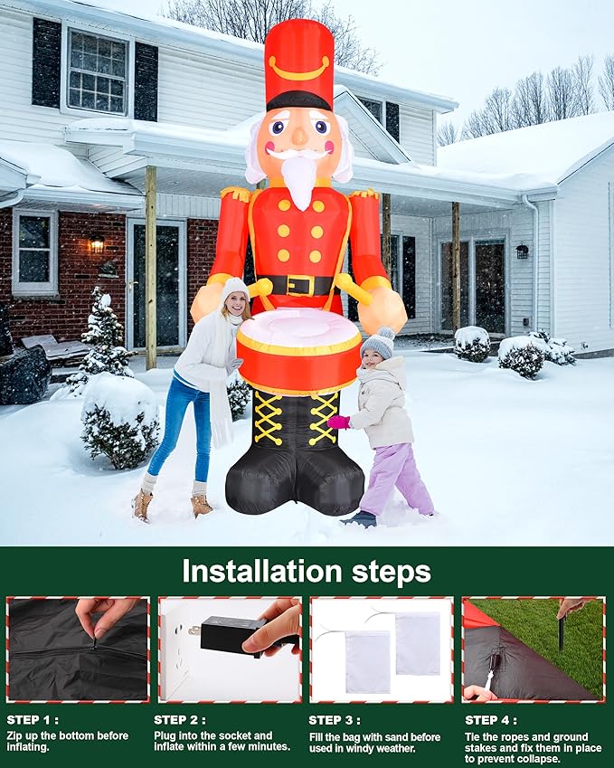 VCOKEN 12FT Christmas Inflatables Nutcracker Outdoor Decorations, Giant Christmas Inflatable with Big Bass, Built-in LEDs Inflatable Nutcracker Blow Ups for Xmas Decor Holiday Party Yard Garden Lawn