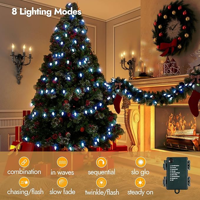WBao Battery Operated Christmas Lights 100 LED 33ft, C6 String Lights with 8 Modes, Timer, Waterproof Design for Indoor Outdoor Christmas Trees, Fence, Stairs Xmas Decorations, Cool White