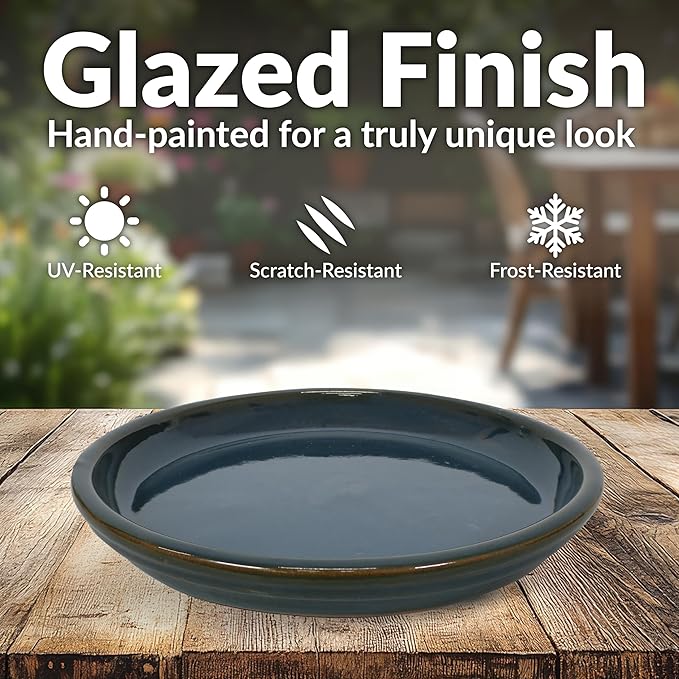 Sunnydaze 12-Inch Ceramic Plant Saucers - Plant Drip Trays for Outdoor Planter Flower Pot Drainage - Set of 2 - Forest Lake Green