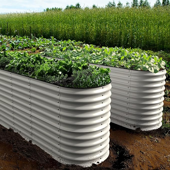 Olle Galvanized Planter for Vegetables 12-in-1 Large Metal Raised Bed Gardening Kit for Outdoors 32" Tall Size 5X5 Feets 8X2 Feets 4x8 Raised Garden Bed, Ivory
