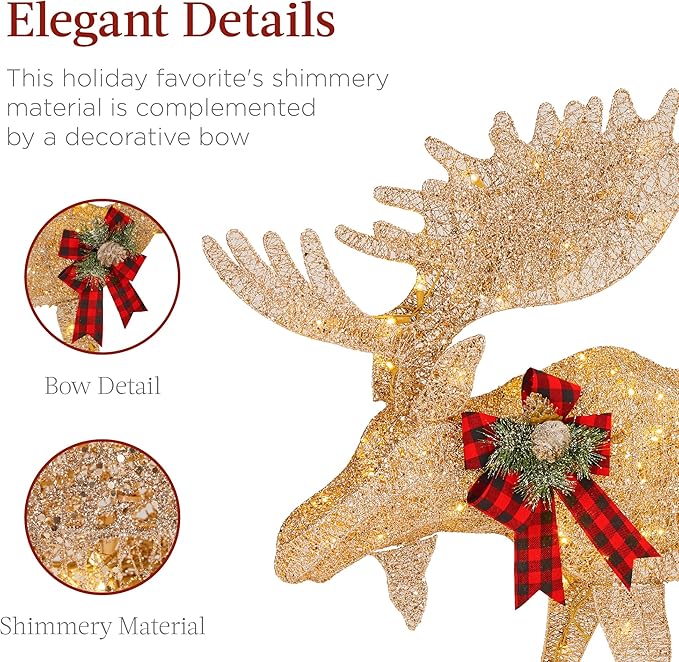 Best Choice Products 2-Piece Moose Family, Lighted Outdoor All-Weather Christmas Yard Decoration Light-Up Décor Set w/ 170 LED Lights, Ground Stakes, Zip Ties - Gold