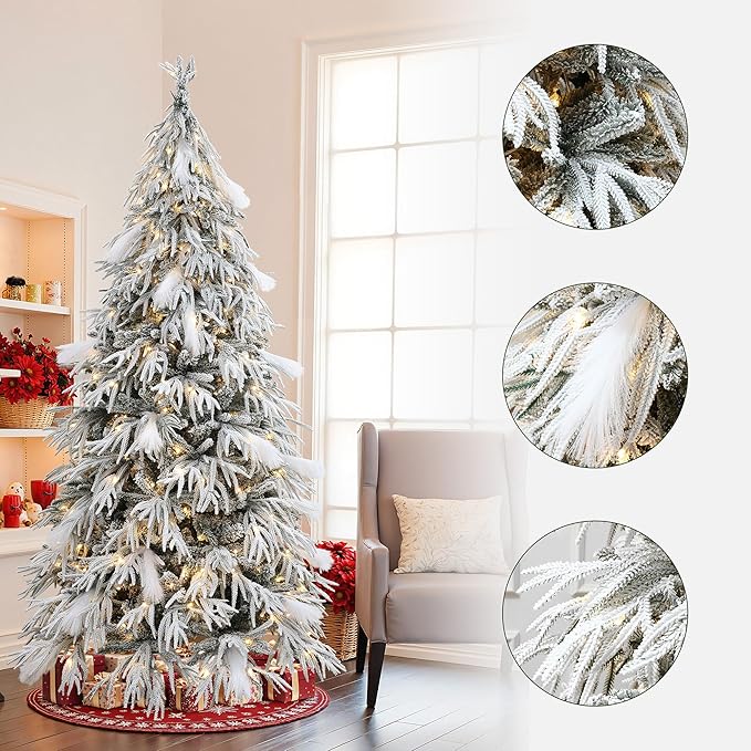 LuxenHome 6.5FT Flocked Artificial Christmas Tree, Downswept Branches Spruce Prelit Christmas Trees with 350 Warm White LED Lights and Feather Accents, 2522 PE+PVC Tips, Xmas Tree Holiday Decor