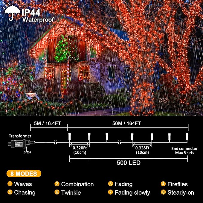 kemooie 500 LED Outdoor Fairy String Lights, 164 FT 8 Lighting Mode Plug in String Waterproof Light, for Outdoor Birthday Christmas Wedding Party Garden Balcony Decor (Orange)