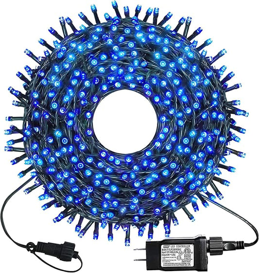 kemooie 300 LED Outdoor Christmas Lights, 99FT 8 Twinkle Modes Green Wire Fairy String Lights for Indoor Outdoor Christmas Tree Lights Wedding Party Decorations(Blue)