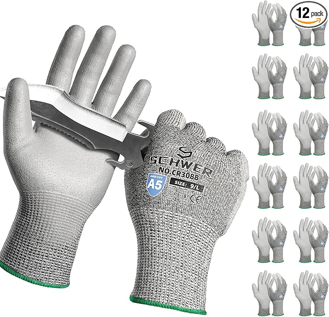 Schwer 12 Pairs ANSI A5 Cut Resistant Work Gloves, Cut Proof Gloves with PU Coating, Used for Metal Fabrication, WoodWorking, Construction, Non Slip, Durable, L, CR3088