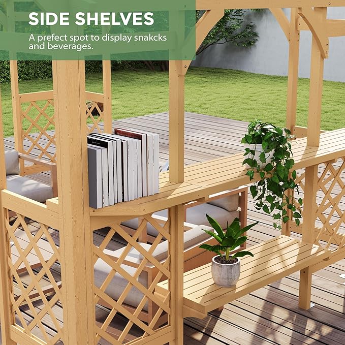 10' x 14' Wood Pergola Outdoor, Patio Pergola Solid Structure with Shelves, Painted Wood Frame with Arched Top for Garden Porch Deck,Brown